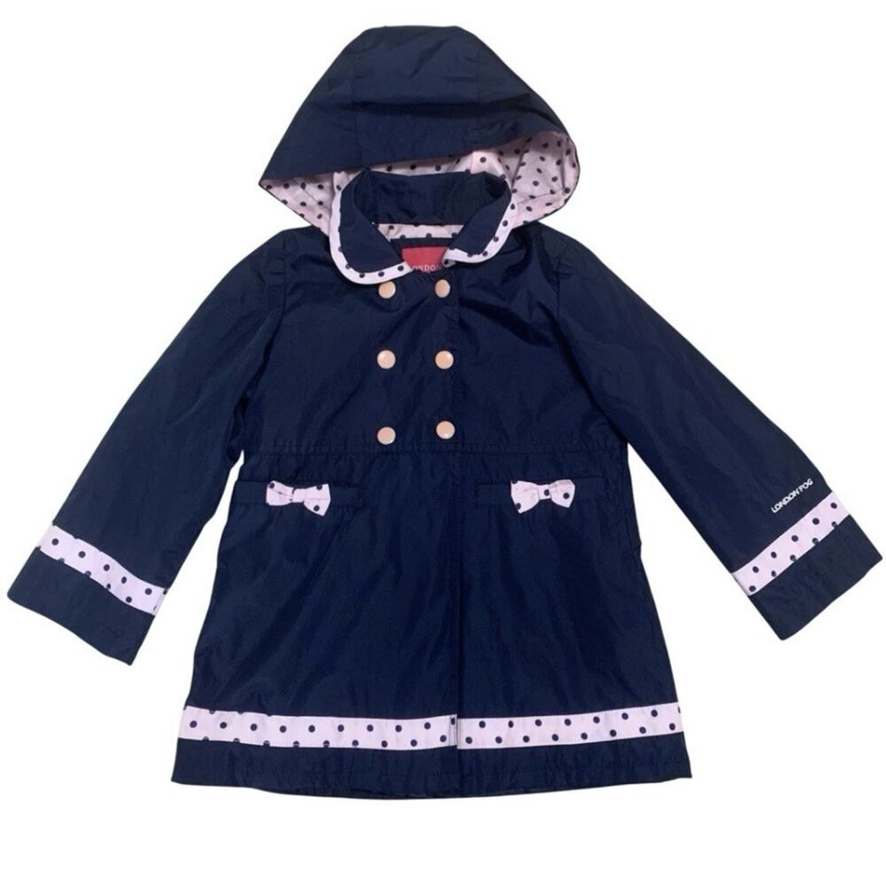 London Fog Girls Raincoat Size 5 Navy Pink Polka Dot Hooded Spring Jacket Bow
